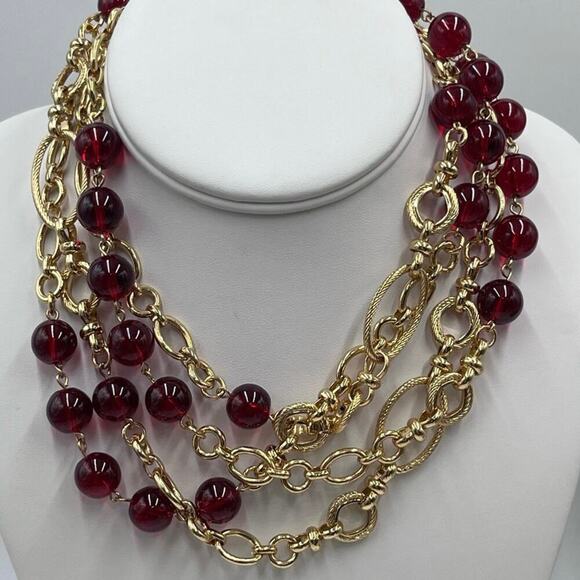 Talbots gold‎ tone Double Strand Red Bead Long Necklace New - Picture 3 of 13